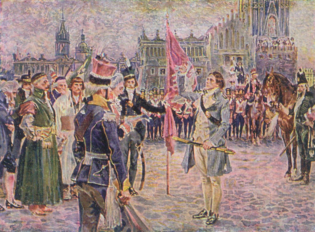 Прысяга Т. Касцюшкі на кракаўскім рынку 24 сакавіка 1794 г. Крыніца ілюстрацыі: Тадэвуш Касцюшка на старых паштоўках і ў графіцы [Выяўленчы матэрыял] = Tadeusz Kosciuszko in old postcards and drawings = Tadeusz Kosciuszko na starych kartach pocztowych i w grafice = Tadeusz Kosciuszko sur de vieilles cartes postales et en art graphique = Тадеуш Костюшко на старых почтовых открытках и в графике / Уладзімір Ліхадзедаў. – Мінск, 2011. – С. 138. 