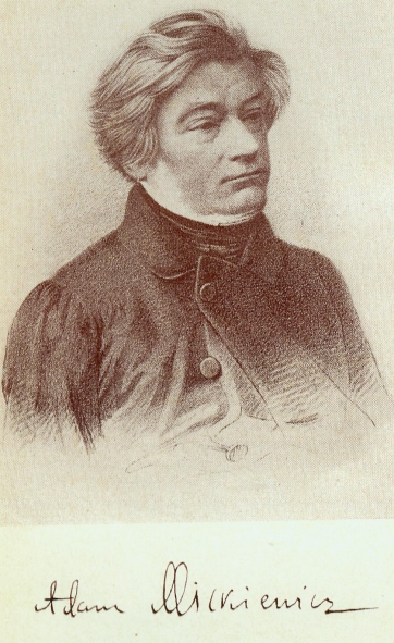 Адам Міцкевіч. Крыніца ілюстрацыі: Міцкевіч, А. Пан Тадэвуш / [прадмова, падрыхтоўка тэксту і каментарыяў А. І. Мальдзіса]. – Мінск : Навука і тэхніка, 1981. – Перад тытульным лістом.