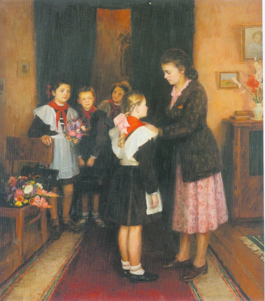 В. Жолтак "Першага верасня" (1951). Крыніца ілюстрацыі: Валяр'яна Жолтак [Выяўленчы матэрыял] = Валериана Жолток = Valyaryana Zholtak / [аўтар тэксту і складальнік Н. Л. Сяліцкая]. – Мінск : Беларусь, 2015. – С. 43.