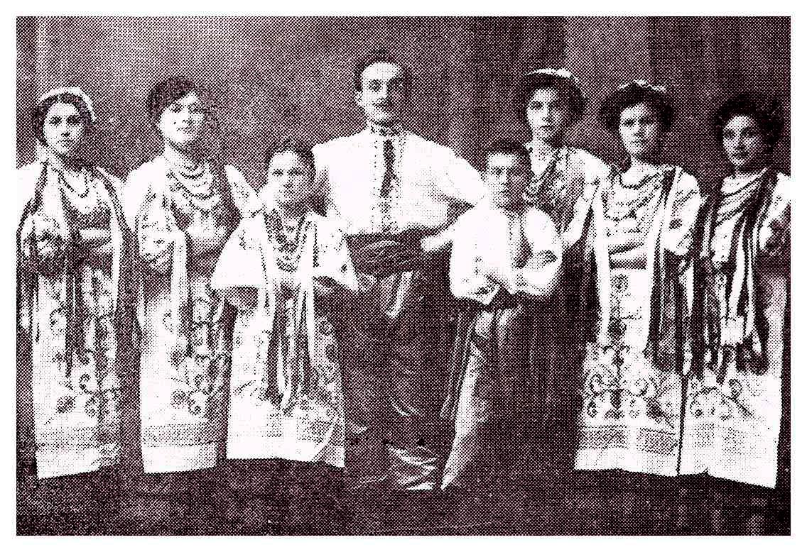 К.А. Алексютович (в центре) с участниками хореографической студии (1910). Источник иллюстрации: Балетмейстер Константин Алексютович / Л. К. Алексютович. – Минск, 1984. – С. 11.