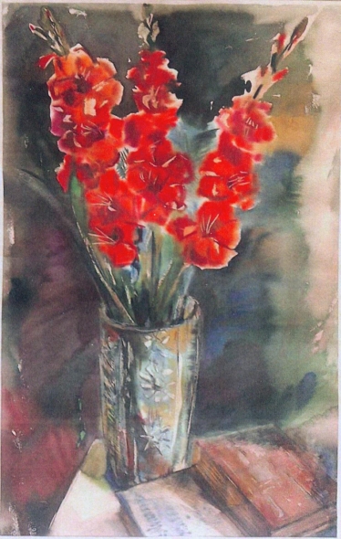 Г.Ф. Шауро "Натюрморт с гладиолусами" (1978). Источник иллюстрации: Григорий Шауро. Ученый, педагог, художник [Изоматериал] : [альбом] / [авторы вступительных статей: В. М. Ушакова и др.]. – Минск, 2016. – С. 34.