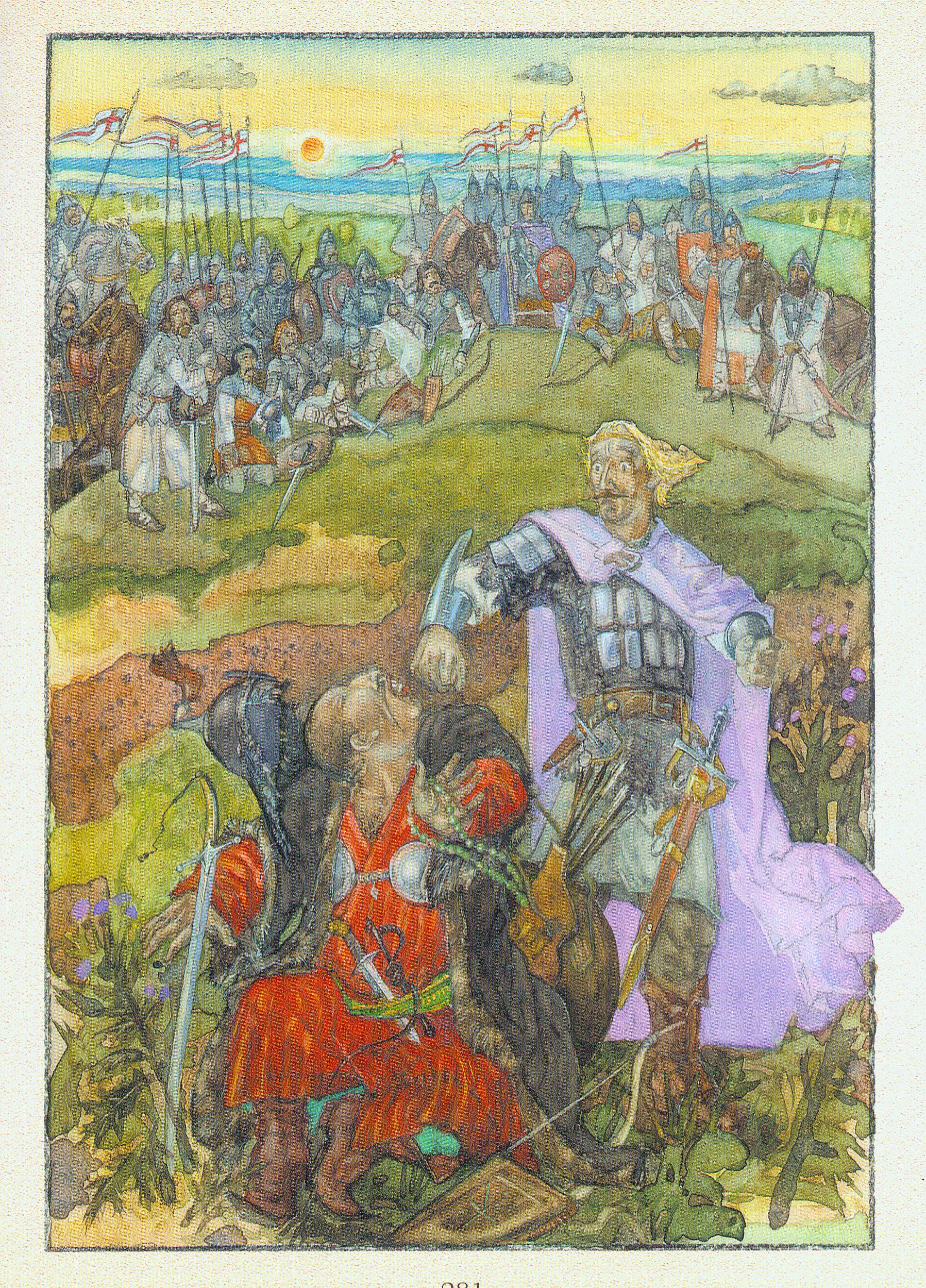 Ілюстрацыя да рамана У. Караткевіча "Хрыстос прызямліўся ў Гародні". Крыніца ілюстрацыі: Хрыстос прызямліўся ў Гародні : Евангелле ад Іуды : раман / Уладзімір Караткевіч ; мастак Міхаіл Басалыга. – Мінск, 2017. – С. 281.