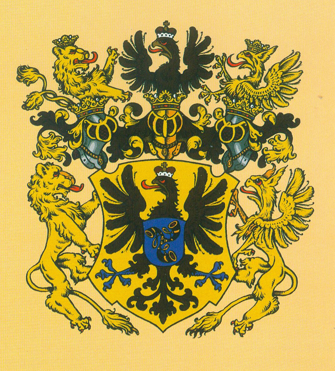 Герб Криштофа Радзивилла. Источник иллюстрации: Гербы Радзивиллов [Изоматериал] = Herby Radziwillow : [Комплект открыток] / Художник-геральдист А. Левчик; ОАО "Транстэкс". ― Минск : ООО "Албана-Трейд", Б.г. — 1 обл. (1 с. текста на обл., 13 отд. л.) : офсет цв. 