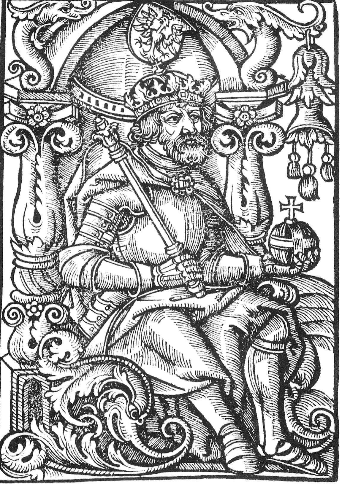 Вялікі князь Літоўскі і кароль Польшчы Уладзіслаў-Ягайла (гравюра з кнігі Ёста Людовіка Дэцыя "Пра род Ягелонаў", Кракаў, 1521). Крыніца ілюстрацыі: Беларуская лацінамоўная паэзія : ранні Рэнесанс / Ж. В. Некрашэвіч-Кароткая. – Мінск, 2009. – С. 4 уклейкі паміж с. 112–113.