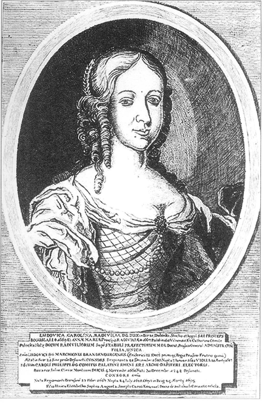 Людвіка Караліна Радзівіл, дачка Багуслава Радзівіла. Крыніца ілюстрацыі: Аўтабіяграфія : [пераклад з польскай мовы] / Багуслаў Радзівіл ; [ідэя, канцэпцыя, укладанне і пасляслоўе Ул. Сіўчыкава ; навуковы рэдактар А. М. Янушкевіч ; пераклад з польскай мовы: А. Бутэвіч, Ул. Сіўчыкаў ; прадмова Г. Літвіна, с. 7–12]. – Мінск, 2009. – С. 21.