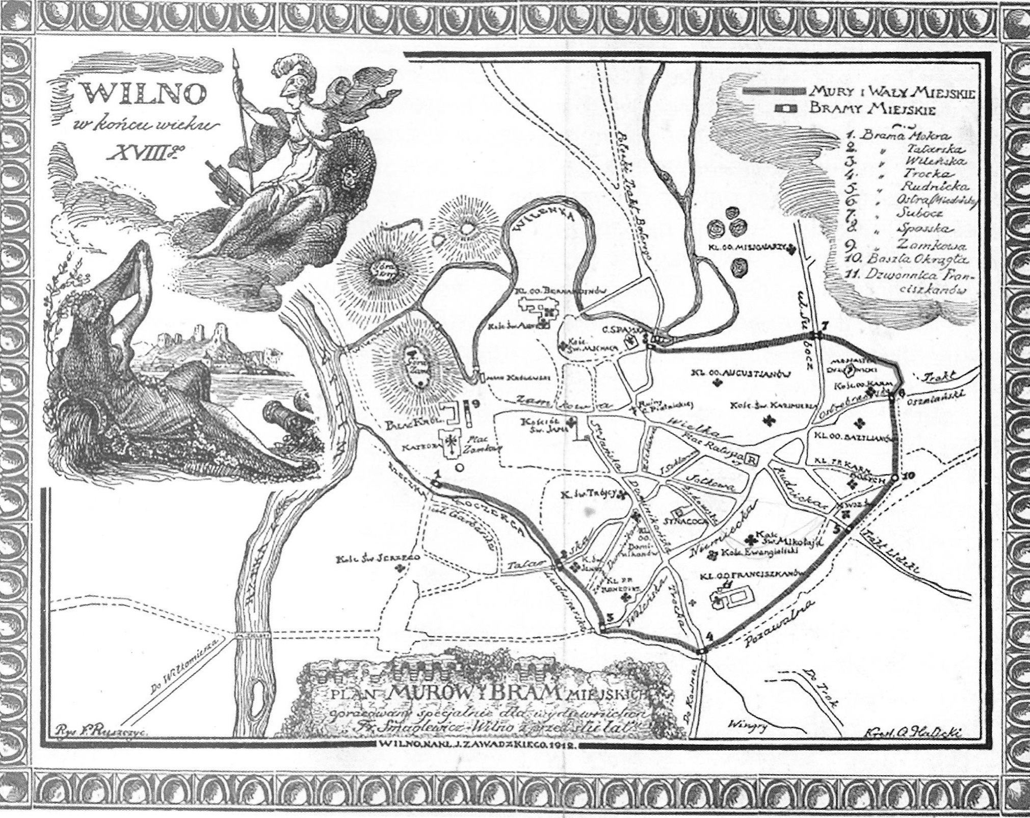 Карта Вільні аўтарства Ф. Рушчыца да кнігі "Вільня 100 таму ў акварэлях Францішка Смуглевіча". Крыніца ілюстрацыі: Фердынанд Рушчыц — грамадзянін незалежнай = Ferdynand Ruszezye obywatel niepodległej / Эльжбета Інеўска ; пераклад [з польскай]: Ганна Цішук ; консультант: Ала Макарэвіч. – Мінск, 2019. – С. 76.