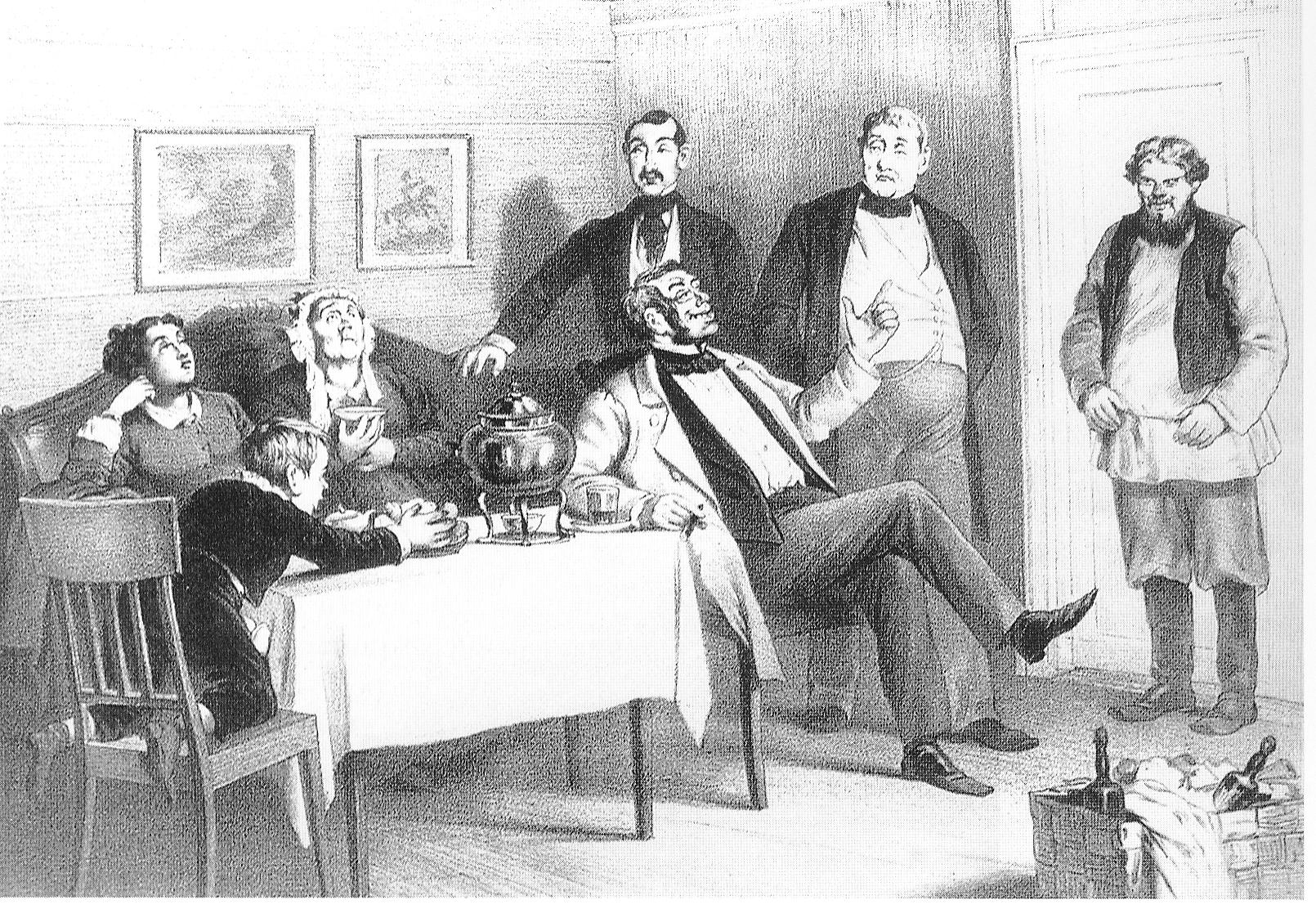 Хрептюгин и его семейство (иллюстрация к "Губернским очеркам" М.Е. Салтыкова-Щедрина (1868)). Источник иллюстрации: Художественная иллюстрация в России середины XIX века : М. С. Башилов и его современники / Л. А. Кольцова. – Москва, 2008. – С. 230.