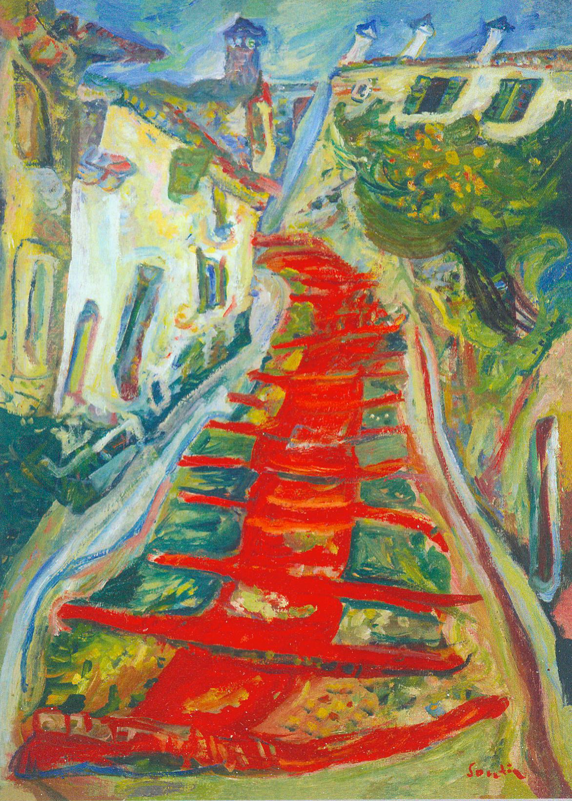 Красная лестница в Кань (1922–1923). Источник иллюстрации: Смиловичи. Сутин. Царфин = Smilovichi. Soutine. Zarfin : Прастора Хаіма Суціна : комплект из 12 открыток / дизайн-макет – Мария Тихомирова ; фото – Юрий Абдурахманов ; идея, составление, тексты: ЧУК "Наследие и время". – Смиловичи, 2017 (Минск : Ремарк).