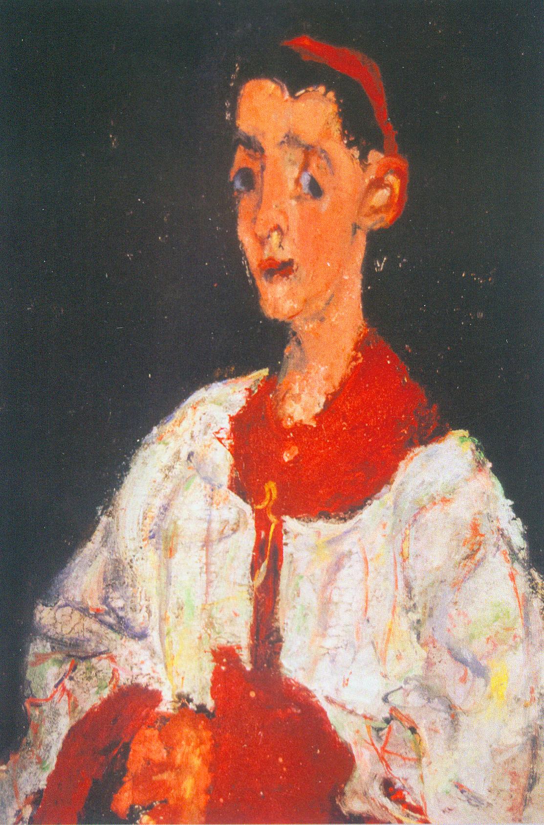 Мальчик-хорист (1928). Источник иллюстрации: Смиловичи. Сутин. Царфин = Smilovichi. Soutine. Zarfin : Прастора Хаіма Суціна : комплект из 12 открыток / дизайн-макет – Мария Тихомирова ; фото – Юрий Абдурахманов ; идея, составление, тексты: ЧУК "Наследие и время". – Смиловичи, 2017 (Минск : Ремарк).