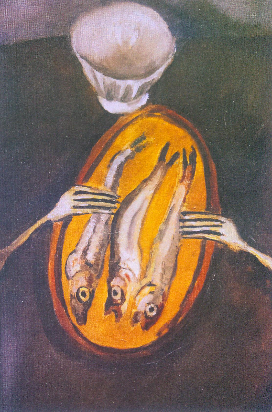 Натюрморт с селёдками (Вилки и рыбы; около 1916 г.). Источник иллюстрации: Смиловичи. Сутин. Царфин = Smilovichi. Soutine. Zarfin : Прастора Хаіма Суціна : комплект из 12 открыток / дизайн-макет – Мария Тихомирова ; фото – Юрий Абдурахманов ; идея, составление, тексты: ЧУК "Наследие и время". – Смиловичи, 2017 (Минск : Ремарк).