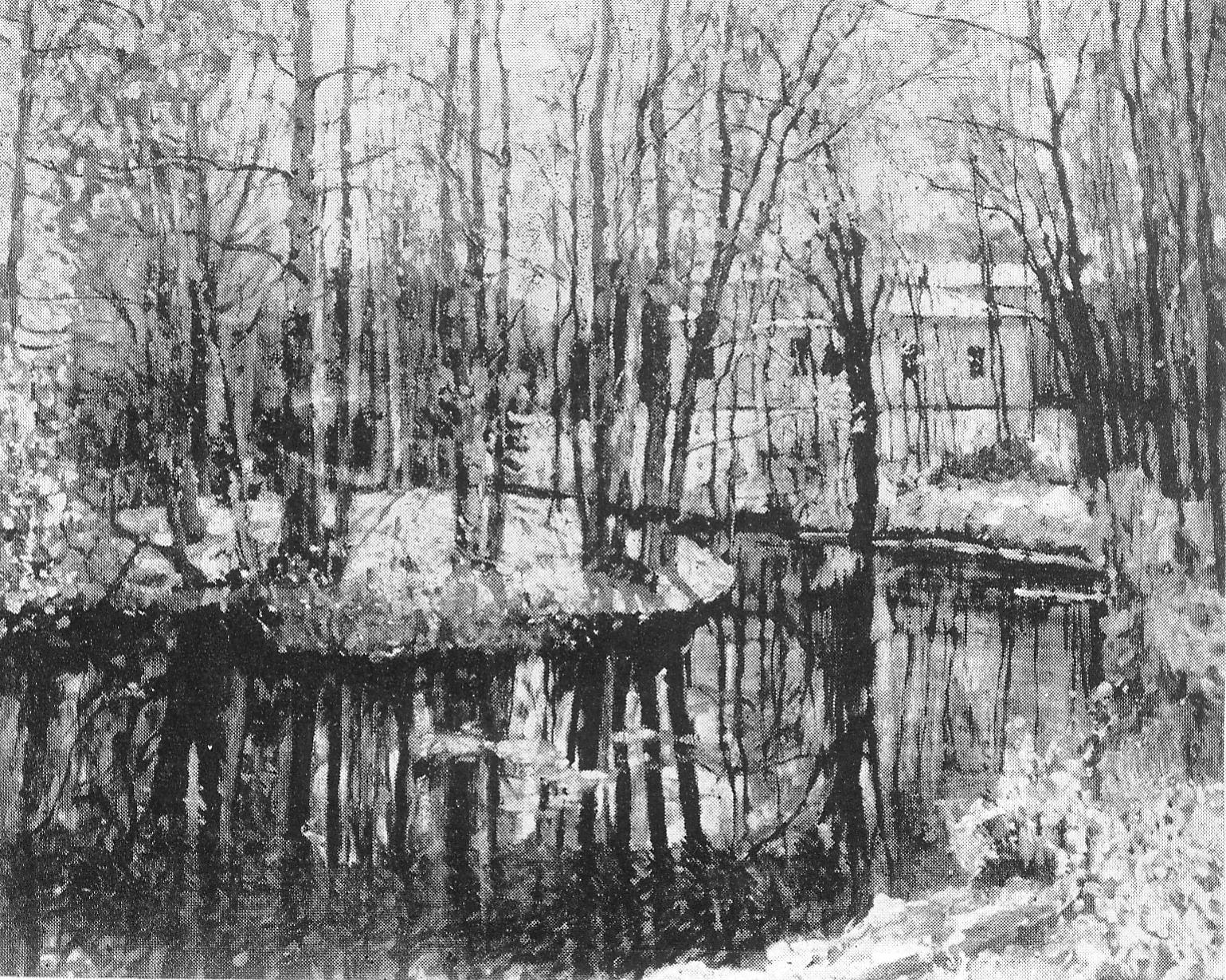 Старая усадьба. Май (1910). Источник иллюстрации: Станислав Юлианович Жуковский, 1873―1944 : каталог произведений к столетию со дня рождения / Министерство культуры БССР, Государственный художественный музей БССР ; [составитель Р. Г. Бадин]. – Минск, 1973. – С. 45.