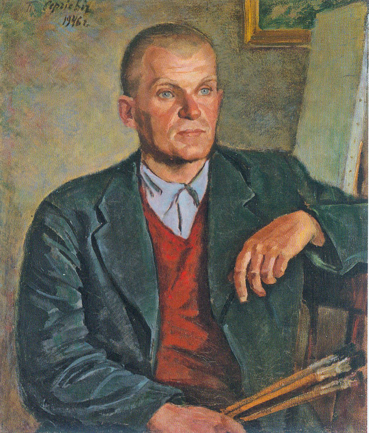 Партрэт мастака мікалая Дучыца (1946). Крыніца ілюстрацыі: Пётра Сергіевіч = Пётра Сергиевич = Piotra Siergijevich : [альбом / аўтар тэксту і складальнік Н. М. Усава ; пераклад на англійскую мову К. Г. Анціпава]. – Мінск, 2020. – С. 58.