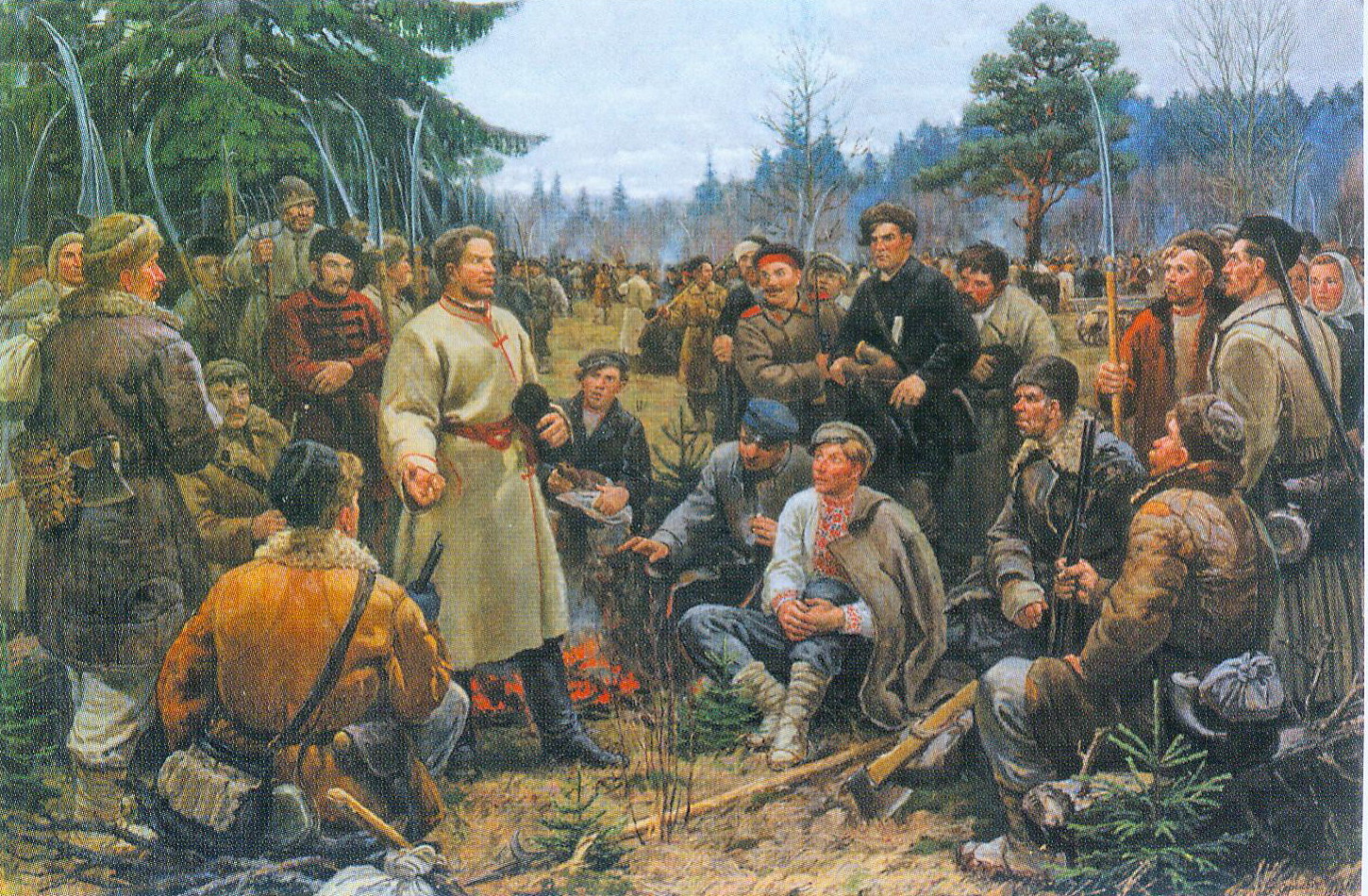 Кастусь Каліноўскі сярод паўстанцаў 1863 года (1955). Крыніца ілюстрацыі: Пётра Сергіевіч = Пётра Сергиевич = Piotra Siergijevich : [альбом / аўтар тэксту і складальнік Н. М. Усава ; пераклад на англійскую мову К. Г. Анціпава]. – Мінск, 2020. – С. 61.