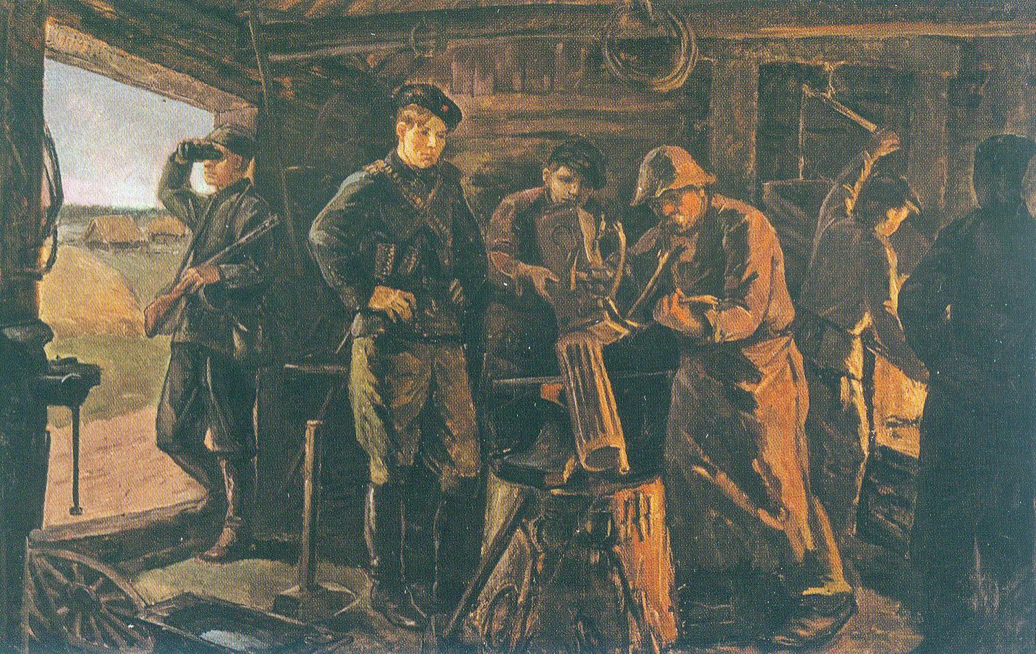 Партызанская кузня (1945). Крыніца ілюстрацыі: Пётра Сергіевіч = Пётра Сергиевич = Piotra Siergijevich : [альбом / аўтар тэксту і складальнік Н. М. Усава ; пераклад на англійскую мову К. Г. Анціпава]. – Мінск, 2020. – С. 62.