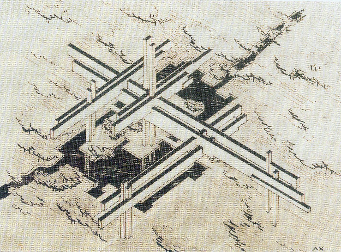 Эскіз для футурыстычнага горада (на апорах), (1926–1928). Крыніца ілюстрацыі: Лазар Хідэкель = Лазарь Хидекель = Lazar Khidekel : [альбом / аўтар тэксту і складальнік К. В. Ізафатава ; пераклад на англійскую мову К. Г. Анціпавай]. – Мінск, 2020. – С. 63.