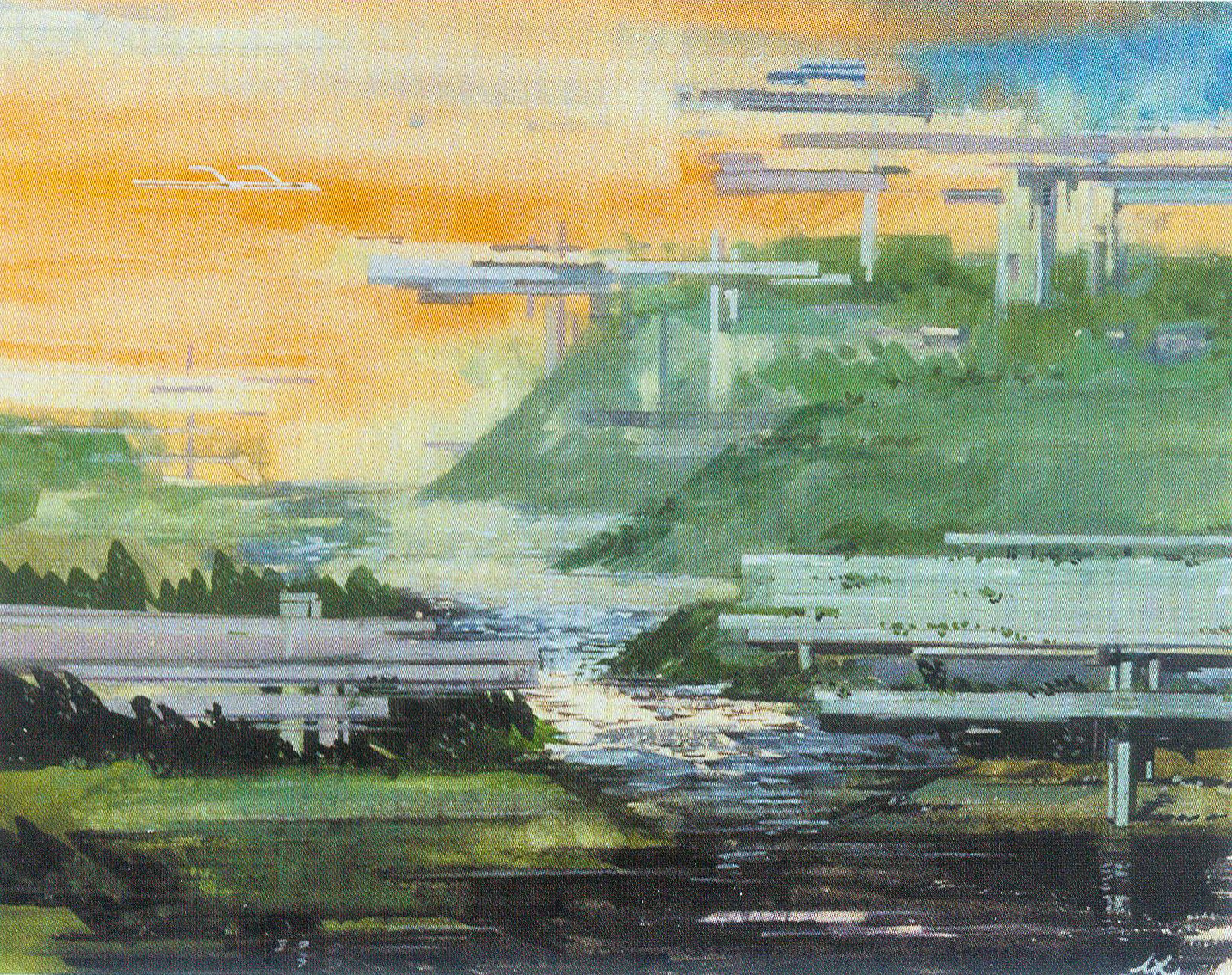 Праект футурыстычнага горада (1925). Крыніца ілюстрацыі: Лазар Хідэкель = Лазарь Хидекель = Lazar Khidekel : [альбом / аўтар тэксту і складальнік К. В. Ізафатава ; пераклад на англійскую мову К. Г. Анціпавай]. – Мінск, 2020. – С. 64..