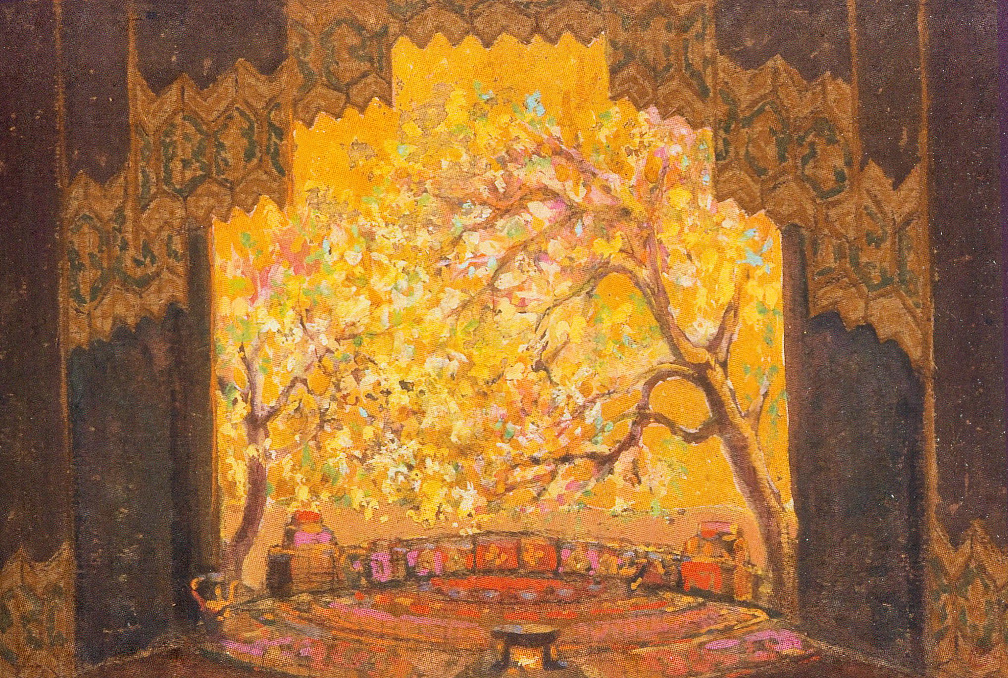 Эскиз декорации к спектаклю "Абай" М. Ауэзова (1943). Источник иллюстрации: Оскар Марикс, 1890–1976 : [книга-альбом] / Государственный музей истории театрального и музыкального искусства Республики Беларусь ; [составители: И. А. Бархатков и др. ; авторы статей: Р. П. Честнова и др.]. – Минск, 2012. – С. 51.