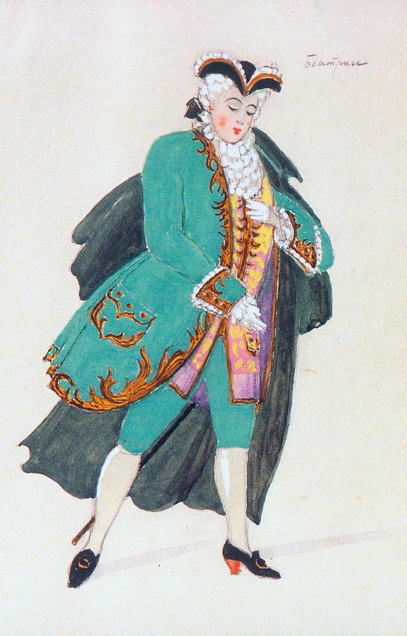 Эскиз костюма к спектаклю "Слуга двух господ" К. Гольдони (1957). Источник иллюстрации: Оскар Марикс, 1890–1976 : [книга-альбом] / Государственный музей истории театрального и музыкального искусства Республики Беларусь ; [составители: И. А. Бархатков и др. ; авторы статей: Р. П. Честнова и др.]. – Минск, 2012. – С. 83.