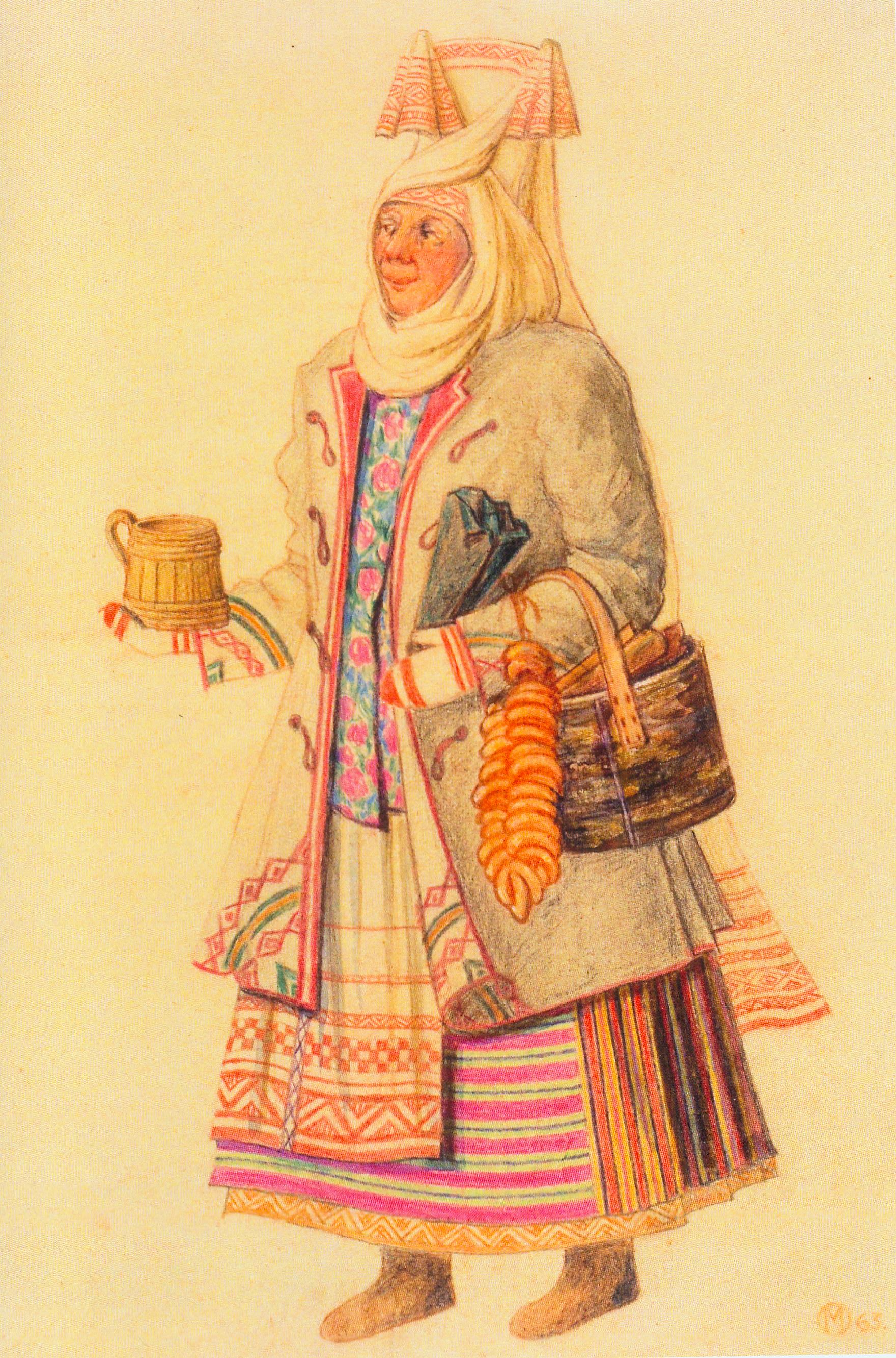 После базара (1962). Источник иллюстрации: Оскар Марикс, 1890–1976 : [книга-альбом] / Государственный музей истории театрального и музыкального искусства Республики Беларусь ; [составители: И. А. Бархатков и др. ; авторы статей: Р. П. Честнова и др.]. – Минск, 2012. – С. 99.