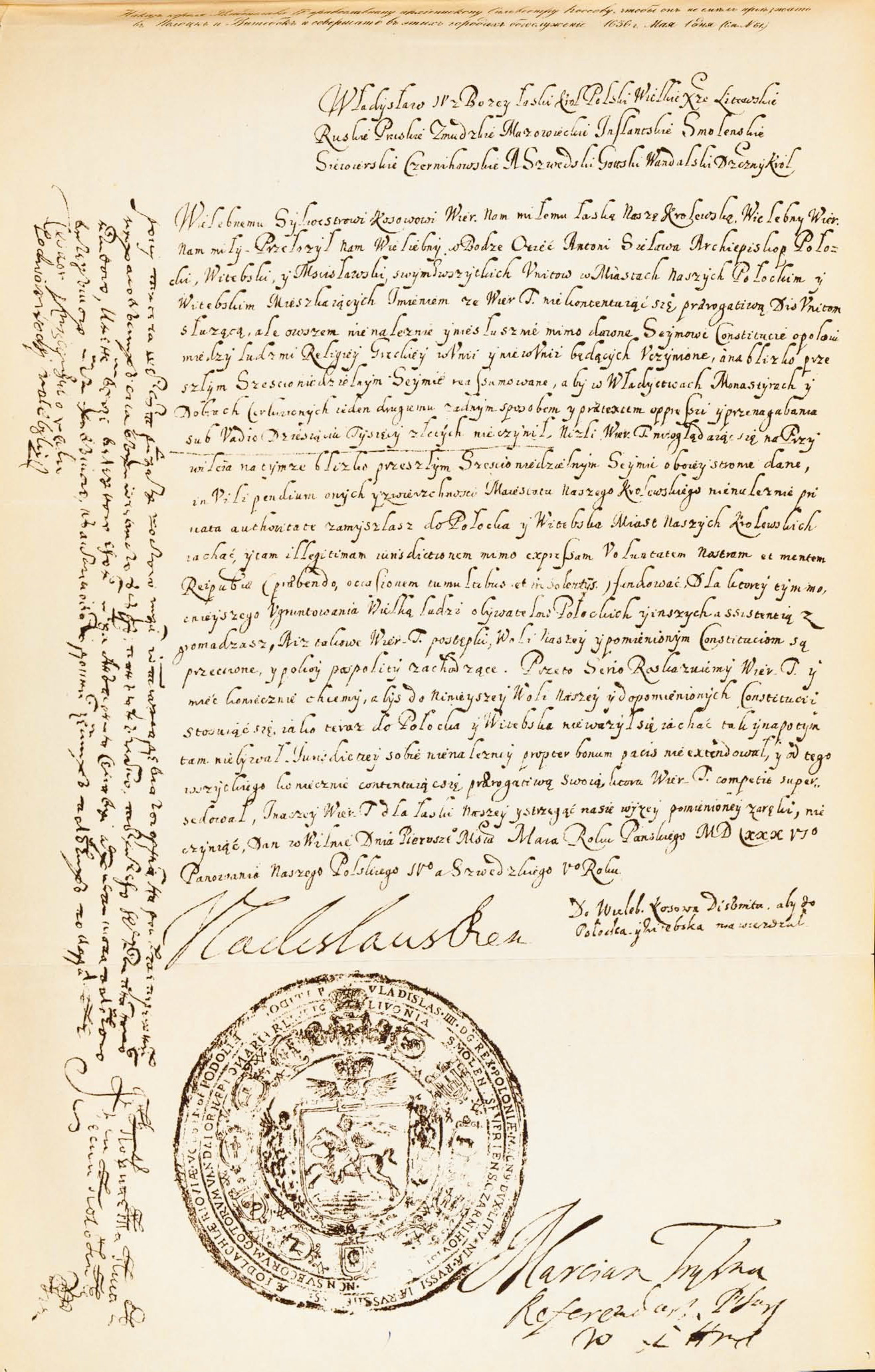 Наказ короля Владислава IV православному архиепископу Сильвестру Коссову. 1636 г. Мая 1 дня. Источник иллюстрации: Витебская старина : [в 5 т.] / составил и издал А. Сапунов. – Витебск, 1883. – Т. 1 : с приложениями и рисунками в тексте. – Вклейка между с. 118–119.