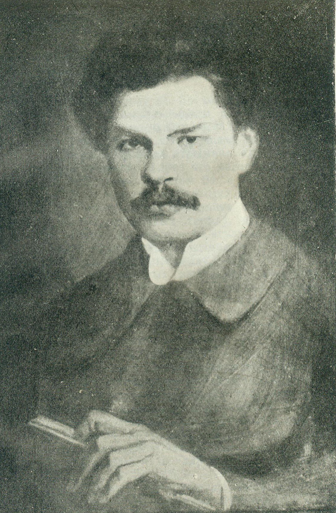 Партрэт Максіма Багдановіча. Крыніца ілюстрацыі: Творы М. Багдановіча : [у 2 т.] / пад рэдакцыяй І. І. Замоціна. – Менск, 1928. – Т. 2 : Празаічныя творы. Тэкст. Увагі. Дадаткі. – Франтыспіс.