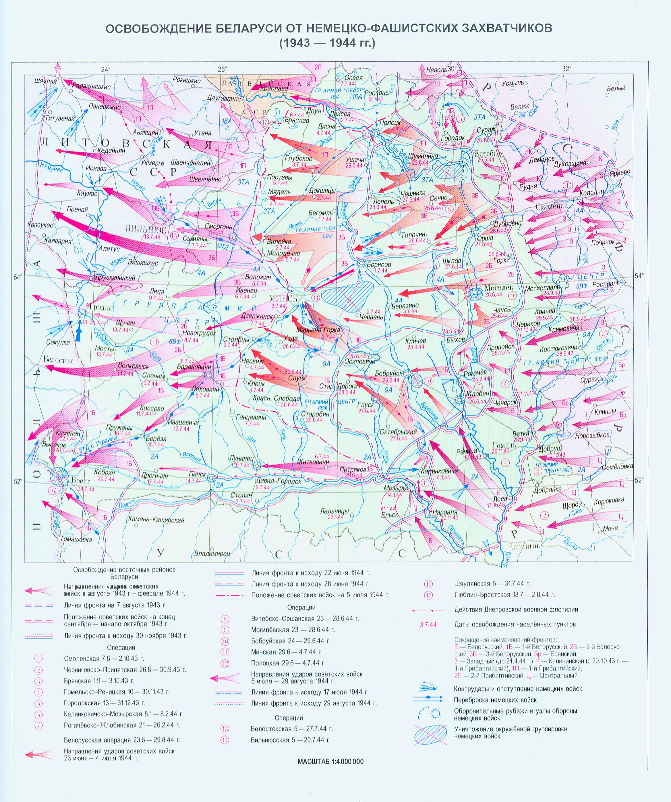 Освобождение Беларуси от немецко-фашистских захватчиков (1943–1944). Источник иллюстрации: Энциклопедия Победы : Беларусь – Москва / [составители: А. И. Докучаев, Б. Д. Долготович, Л. В. Языкович ; научные редакторы: Ю. В. Баженов и др.]. – Минск ; Москва, 2009. – С. 192.