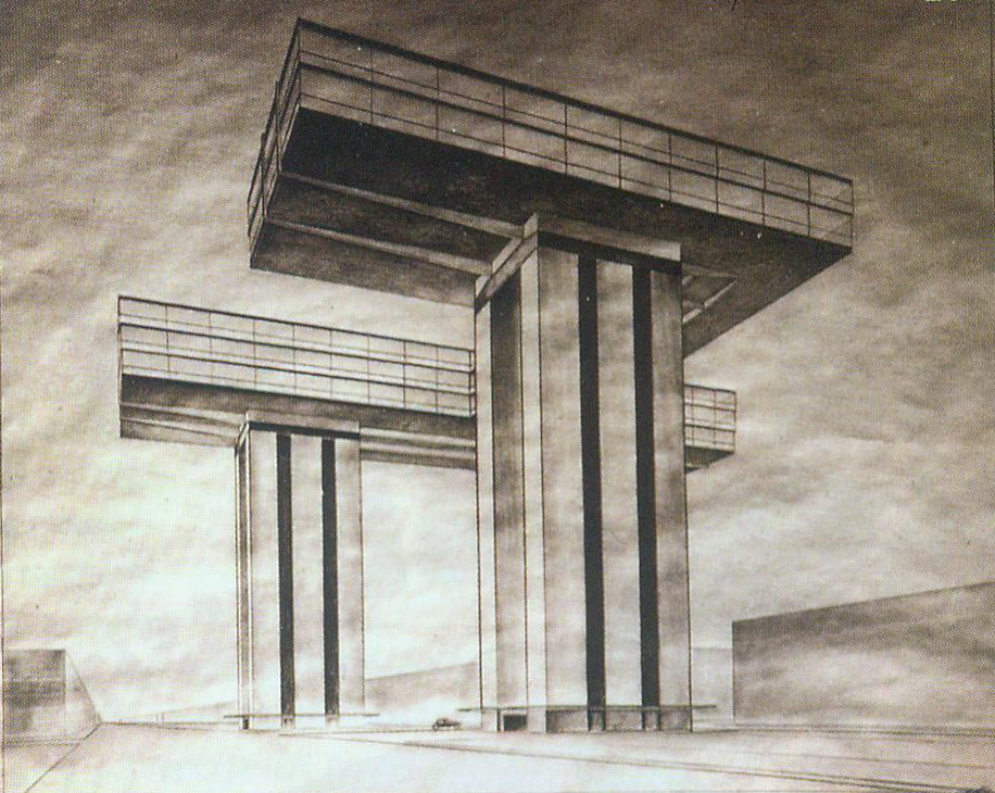 Праект гарызантальных хмарачосаў для Масквы (1925, Дзяржаўная Траццякоўская галерэя). Крыніца ілюстрацыі: Мастацтва. – 2020. – № 2. – С. 12.