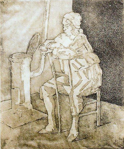 Арлекин (около 1930). Крыніца ілюстрацыі: Мастера Монпарнаса из белорусских местечек = Maîtres du Montparnasse venus des schtetls biélorusses : Марк Шагал, Шрага Царфин, Осип Любич, Осип Цадкин, Роберт Генин, Евгений Зак, Пинхус Кремень, Михаил Кикоин : выставка художников Парижской школы из частных коллекций : каталог / куратор выставки, [автор текста]: Алла Змиева ; [авторы текстов: Ю. Абдурахманов и др. ; перевод на французский язык Ю. Абдурахманова]. – Минск, 2018. – С. 62.