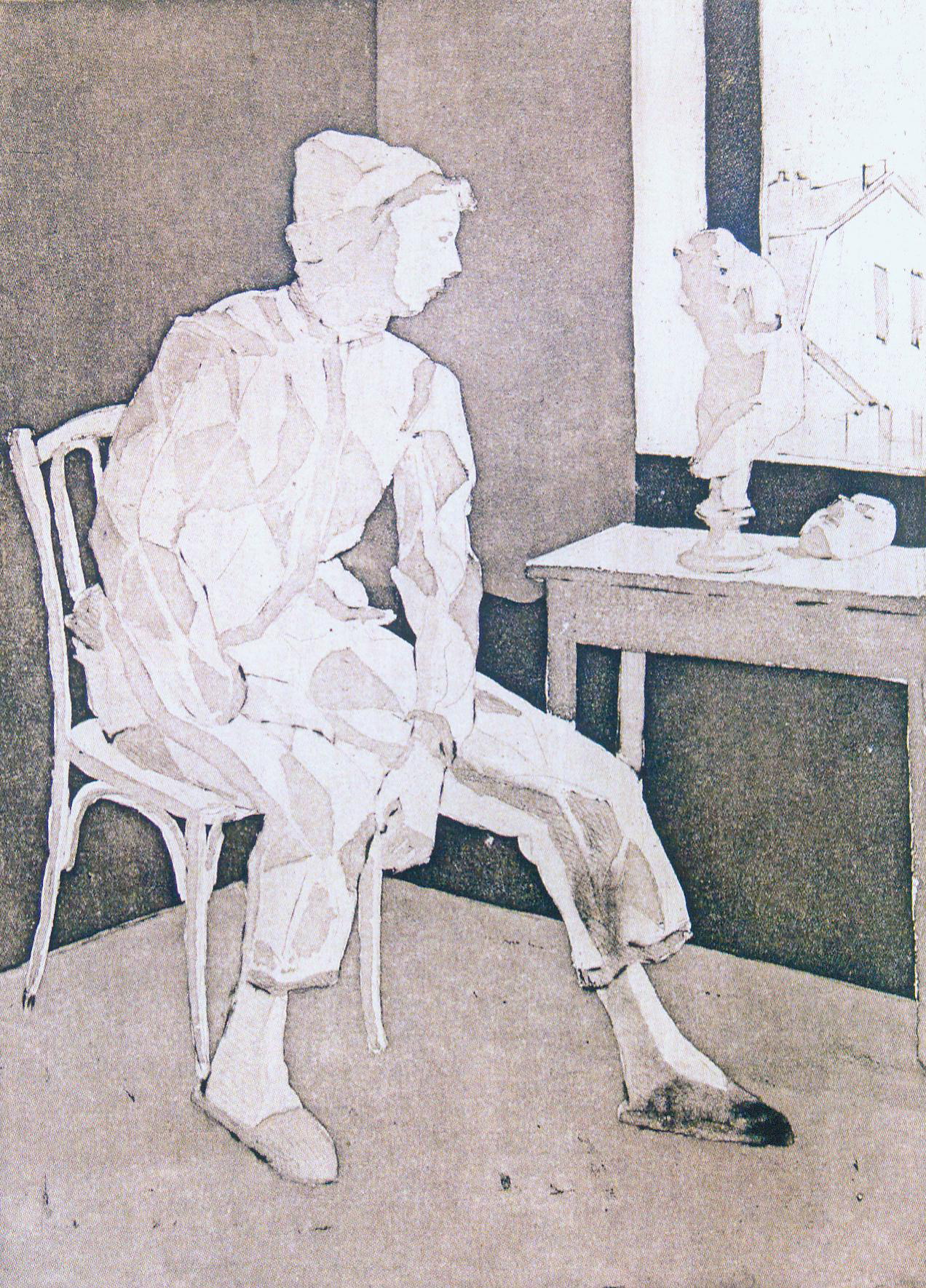 Арлекни (около 1930). Крыніца ілюстрацыі: Мастера Монпарнаса из белорусских местечек = Maîtres du Montparnasse venus des schtetls biélorusses : Марк Шагал, Шрага Царфин, Осип Любич, Осип Цадкин, Роберт Генин, Евгений Зак, Пинхус Кремень, Михаил Кикоин : выставка художников Парижской школы из частных коллекций : каталог / куратор выставки, [автор текста]: Алла Змиева ; [авторы текстов: Ю. Абдурахманов и др. ; перевод на французский язык Ю. Абдурахманова]. – Минск, 2018. – С. 65.