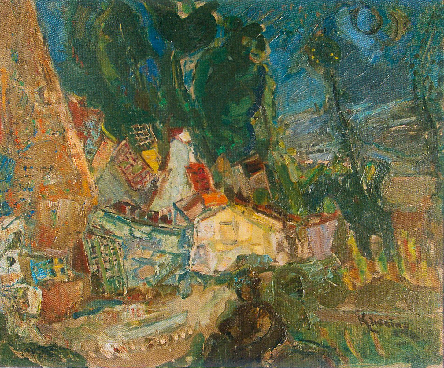 Южный пейзаж (около 1960). Источник иллюстрации: Мастера Монпарнаса из белорусских местечек = Maîtres du Montparnasse venus des schtetls biélorusses : Марк Шагал, Шрага Царфин, Осип Любич, Осип Цадкин, Роберт Генин, Евгений Зак, Пинхус Кремень, Михаил Кикоин : выставка художников Парижской школы из частных коллекций : каталог / куратор выставки, [автор текста]: Алла Змиева ; [авторы текстов: Ю. Абдурахманов и др. ; перевод на французский язык Ю. Абдурахманова]. – Минск, 2018. – С. 103.