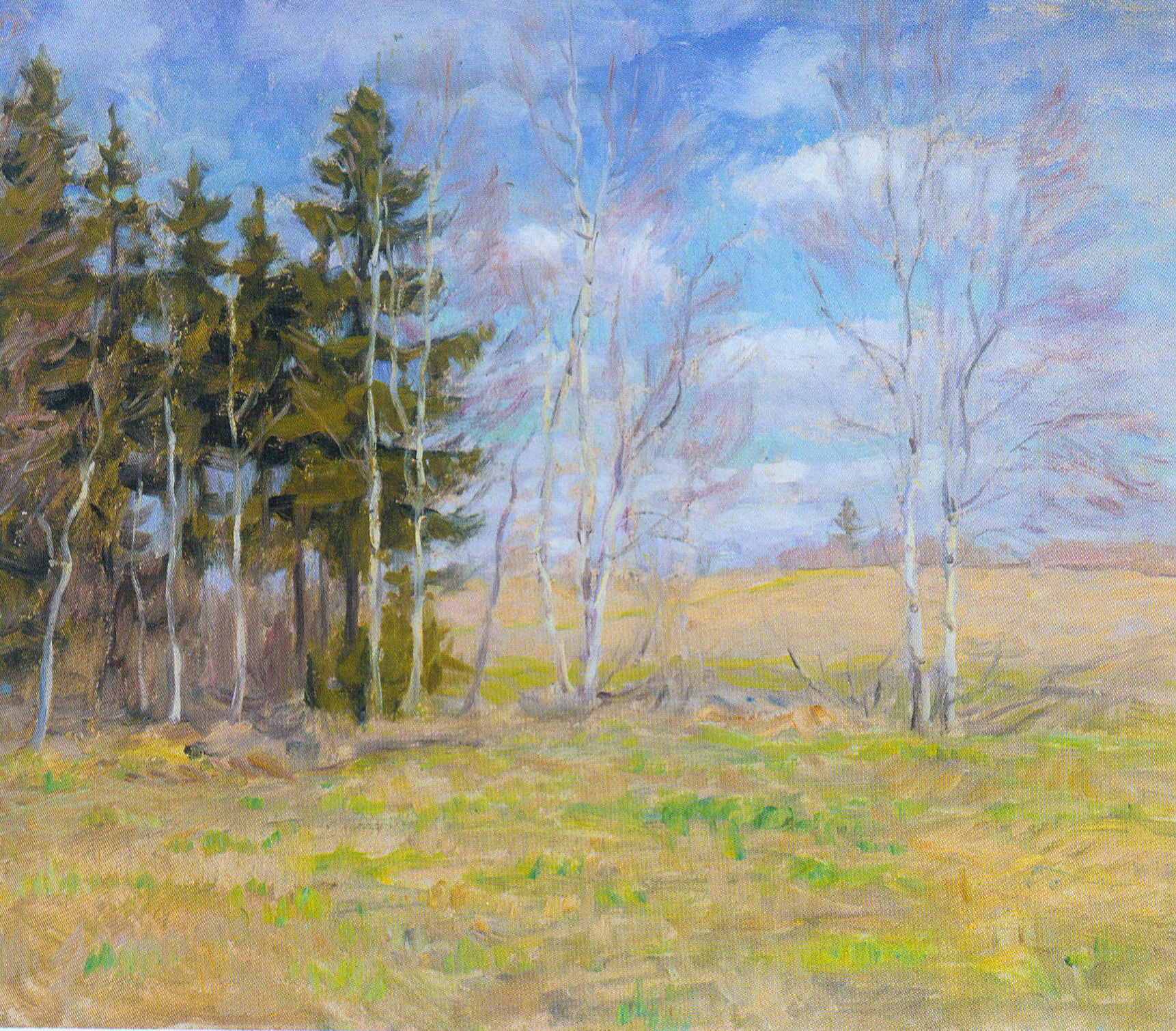 Маладыя бярозкі (1948). Крыніца ілюстрацыі: Вітольд Бялыніцкі-Біруля = Витольд Бялыницкий-Бируля = Vitold Byalynitsky-Birulya : [альбом / аўтар тэксту і складальнік У. І. Пракапцоў]. – Мінск, 2020. – С. 141.