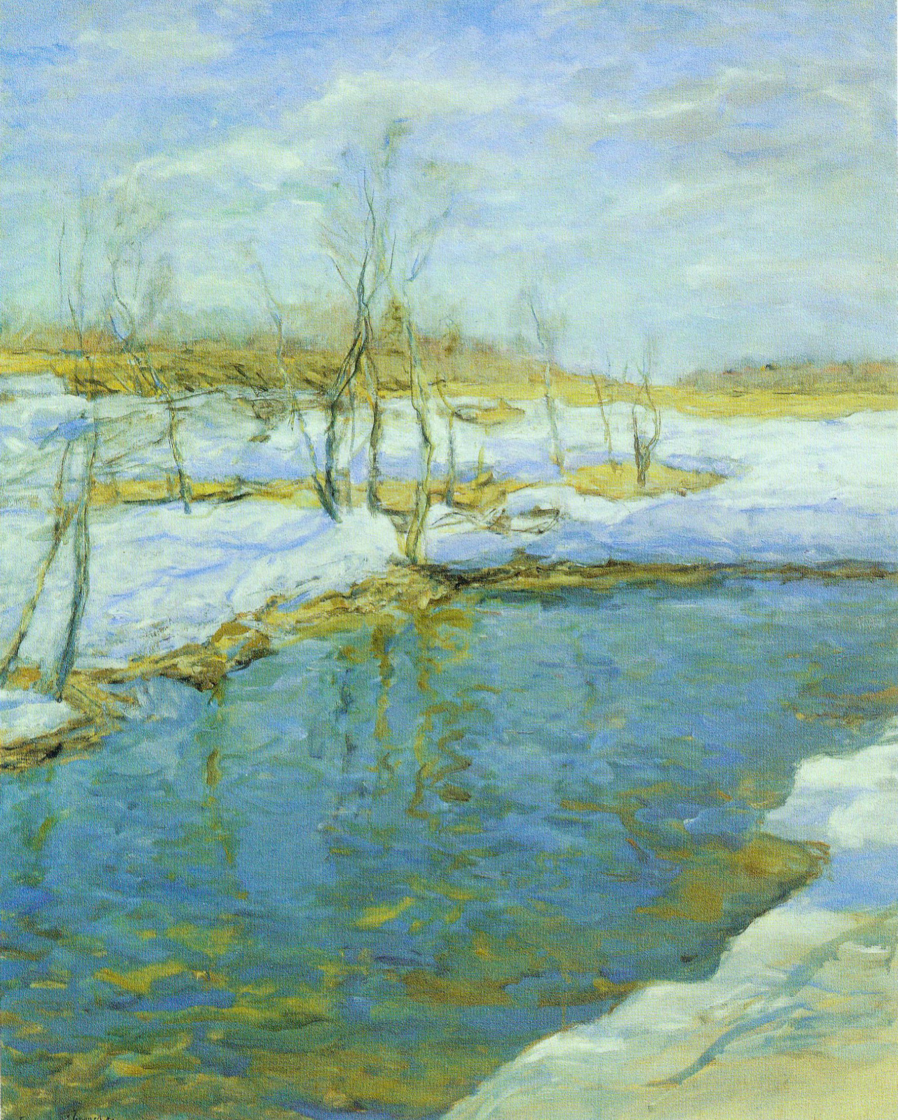 Блакітнай вясной (1952). Крыніца ілюстрацыі: Вітольд Бялыніцкі-Біруля = Витольд Бялыницкий-Бируля = Vitold Byalynitsky-Birulya : [альбом / аўтар тэксту і складальнік У. І. Пракапцоў]. – Мінск, 2020. – С. 233.