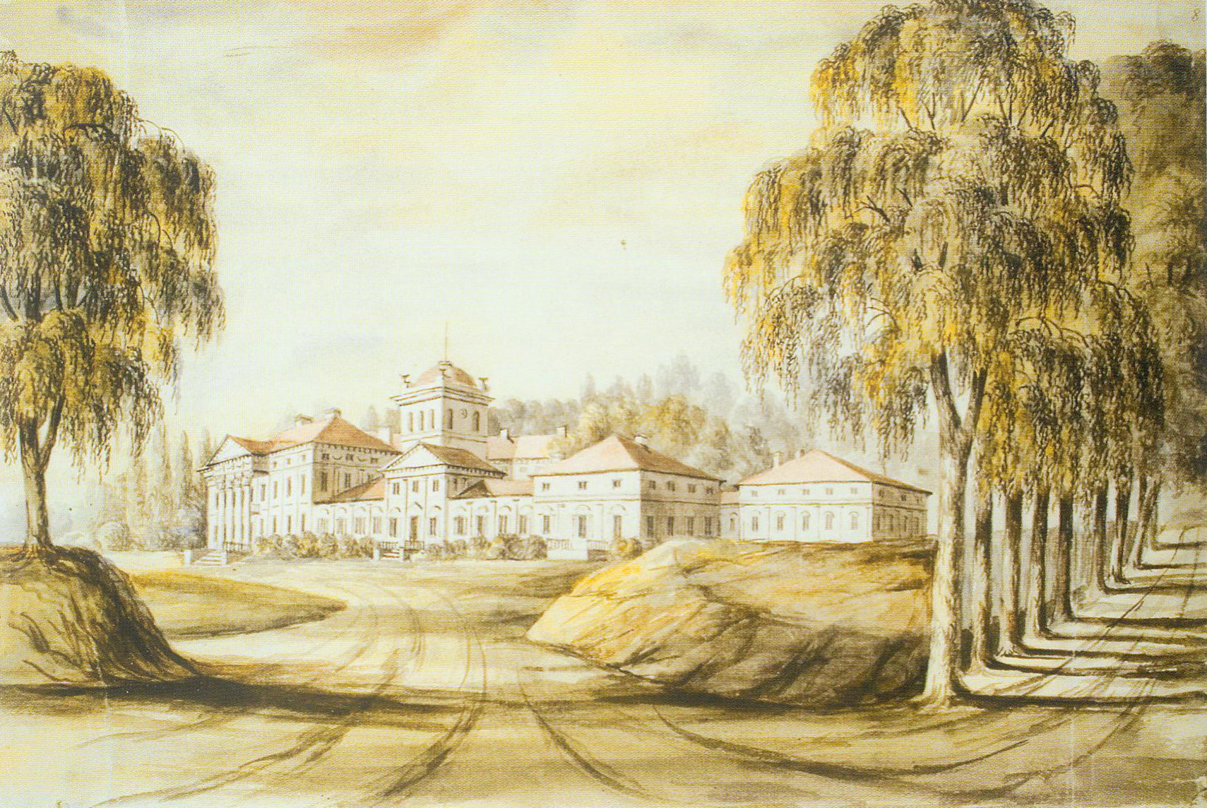 Добасна. Палац Булгакаў (від з боку пад'езда, 1864–1876). Крыніца ілюстрацыі: Напалеон Орда. Шлях да Бацькаўшчыны : [кніга-альбом] / Леанід Несцярчук ; [уступнае слова: К. Сумар, А. Лакотка, В. Дадзіёмава]. – Мінск, 2012. – С. 288.