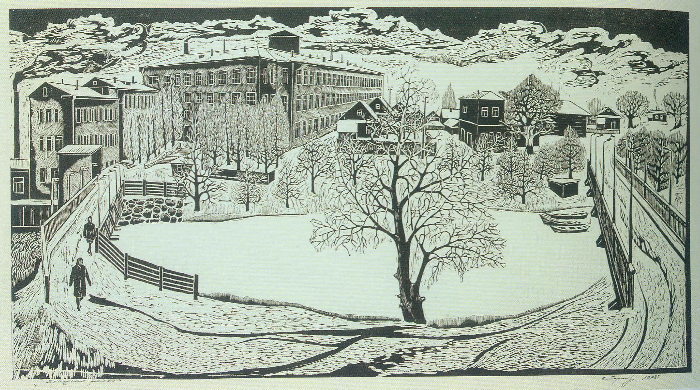 "Заводской район" (1975). Источник иллюстрации: Николай Таранда. Живопись. Графика = Мікалай Таранда. Жывапіс. Графіка = Nikolay Taranda. Painting. Graphic / Белорусский союз художников ; предисловие М. Цыбульского]. – Минск, печ. 2017. – С. 112.