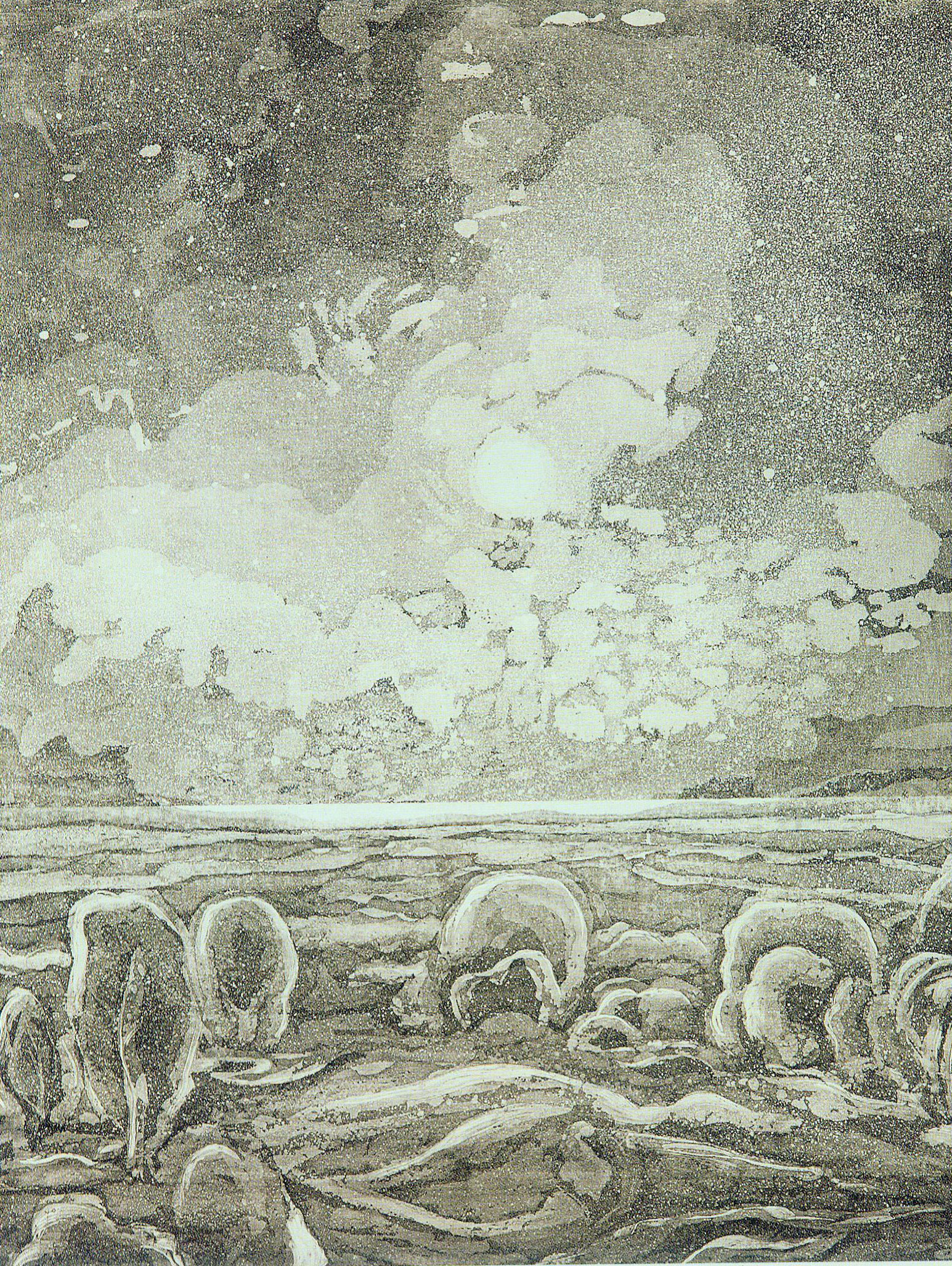 "Зима" (1977, из серии "Сенежское озеро"). Источник иллюстрации: Николай Таранда. Живопись. Графика = Мікалай Таранда. Жывапіс. Графіка = Nikolay Taranda. Painting. Graphic / Белорусский союз художников ; предисловие М. Цыбульского]. – Минск, печ. 2017. – С. 123.