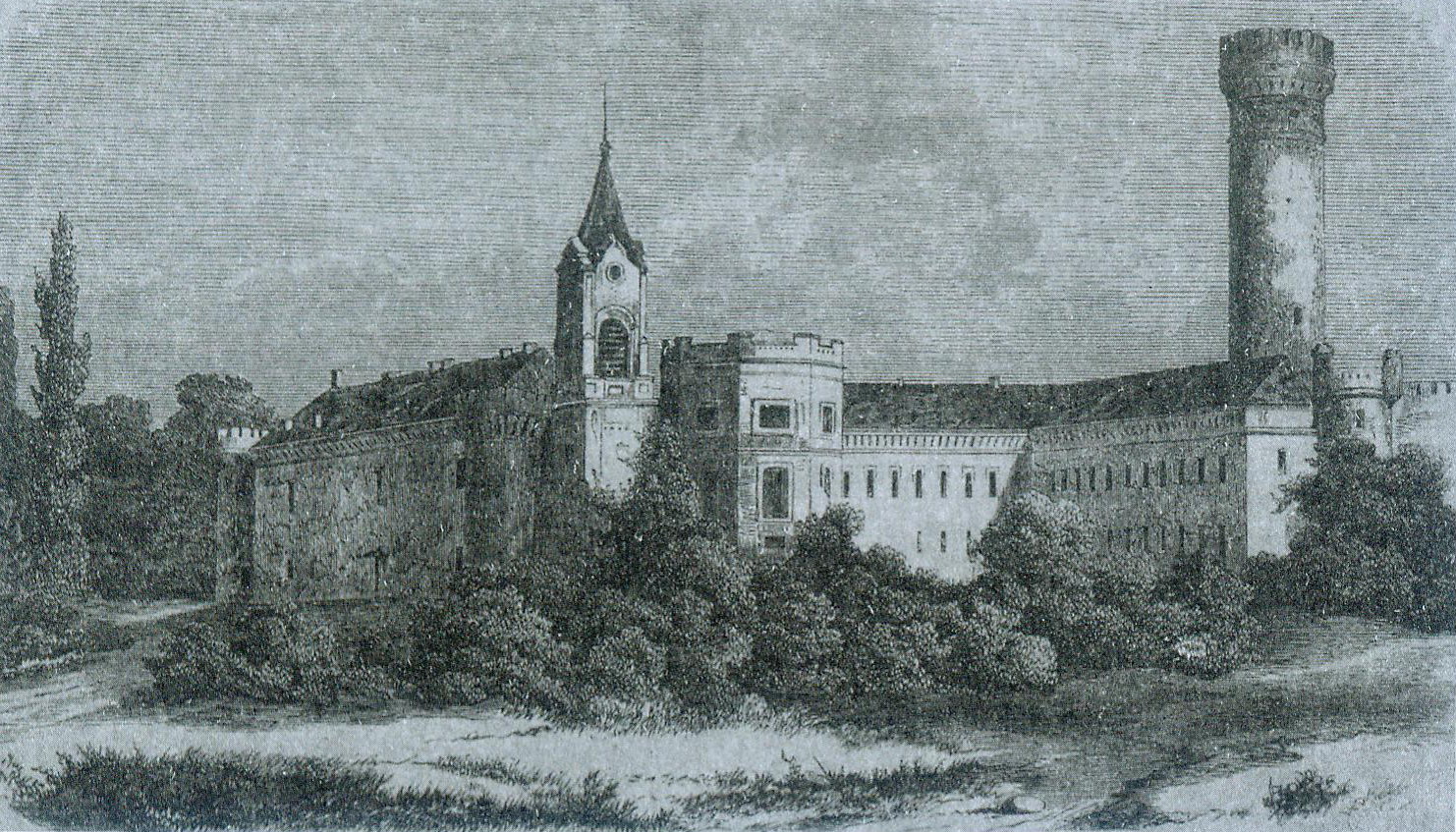 Замак ля Нёмана (1864). Крыніца ілюстрацыі: Асобы і вобразы : беларуская графіка XIX стагоддзя / У. І. Рынкевіч. – Мінск, 2019. – С. 136.