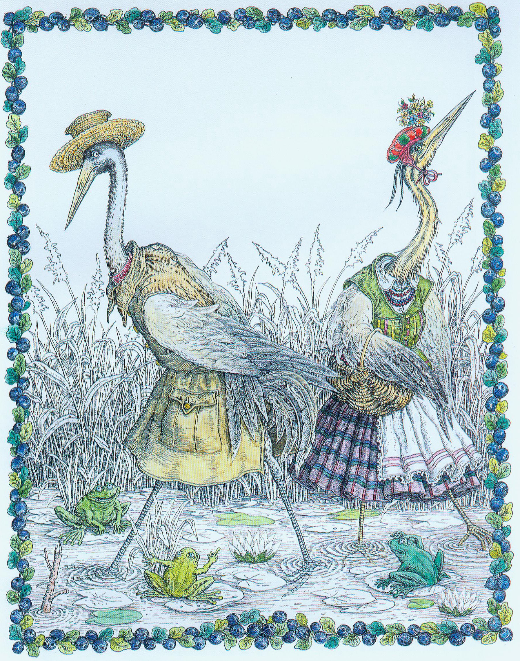 Ілюстрацыя да кнігі "Журавель і чапля". Крыніца ілюстрацыі: Валерый Славук = Валерий Слаук = Valery Slavuk : [альбом / укладальнік А. У. Зінкевіч ; аўтары ўступных артыкулаў: А. М. Карлюкевіч, М. Р. Баразна ; фота аўтара]. – Мінск, 2019. – С. 134.