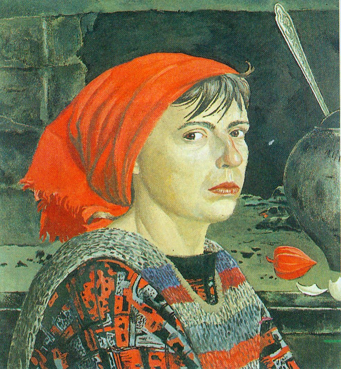 Аўтапартрэт у чырвонай хустцы. Крыніца ілюстрацыі: Беларускі саюз мастакоў : энцыклапедычны даведнік. – Мінск, 1998. – 663 с.