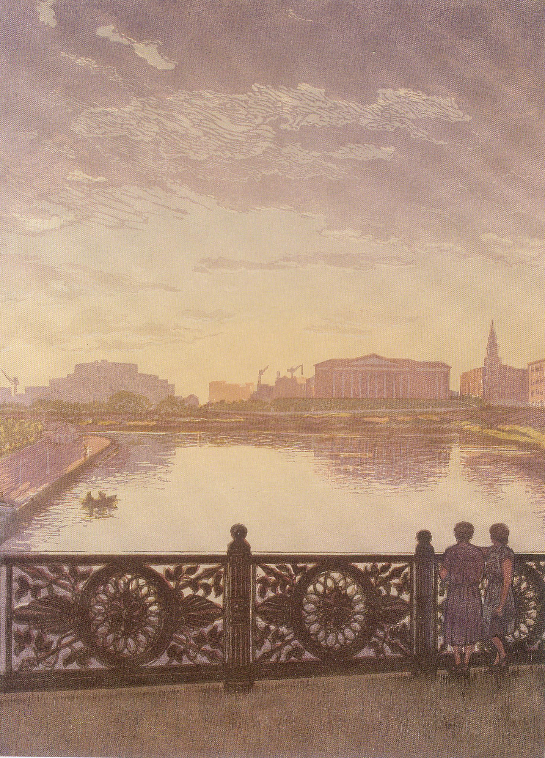 Над ракой Свіслач (1954). Крыніца ілюстрацыі: Мой Мінск : альбом / Анатоль Мікалаевіч Тычына ; [тэкст, укладанне: Л. Дз. Налівайка ; навуковы рэдактар: Н. М. Усава]. – Мінск, 2008. – С. 37.