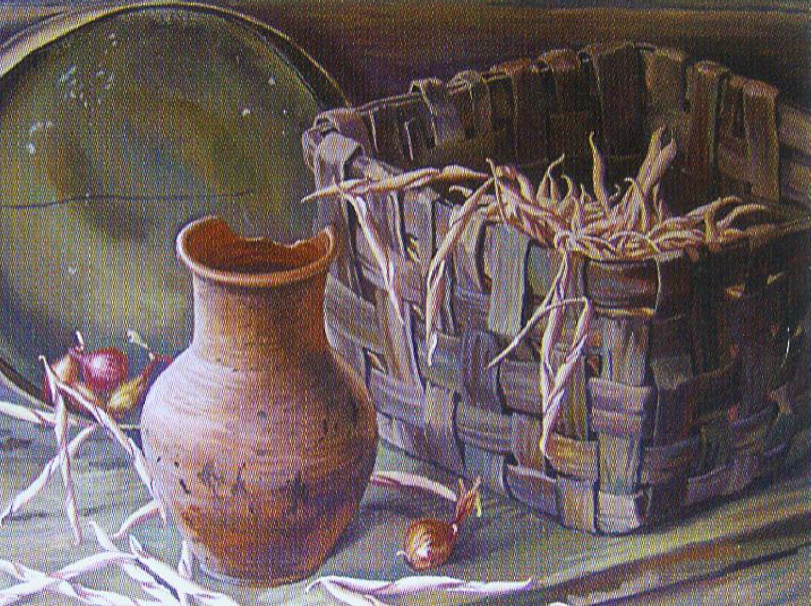 Нацюрморт з шэрым кошыкам. 1999. Крыніца ілюстрацыі: Сучаснае выяўленчае мастацтва Магілёўшчыны / Святлана Строгіна. – Мінск, 2009. – 240 с.