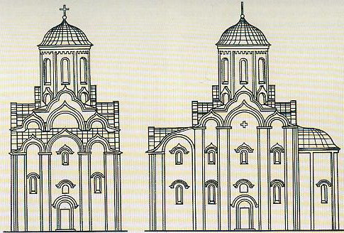 Полацкая Спаса-Праабражэнская царква. Паўднёвы і заходні фасады. Рэканструкцыя П. Рапапорта і Г. Штэндэра. Крыніца ілюстрацыі: Архітэктура Беларусі : нарысы эвалюцыі ва ўсходнеславянскім і еўрапейскім кантэксце : у 4 т. / Нацыянальная акадэмія навук Беларусі, Інстытут мастацтвазнаўства, этнаграфіі і фальклору імя К. Крапівы ; [навуковы рэдактар А. І. Лакотка]. – Мінск, 2005. – Т. 1 : IX–XIV стст. – С. 174.