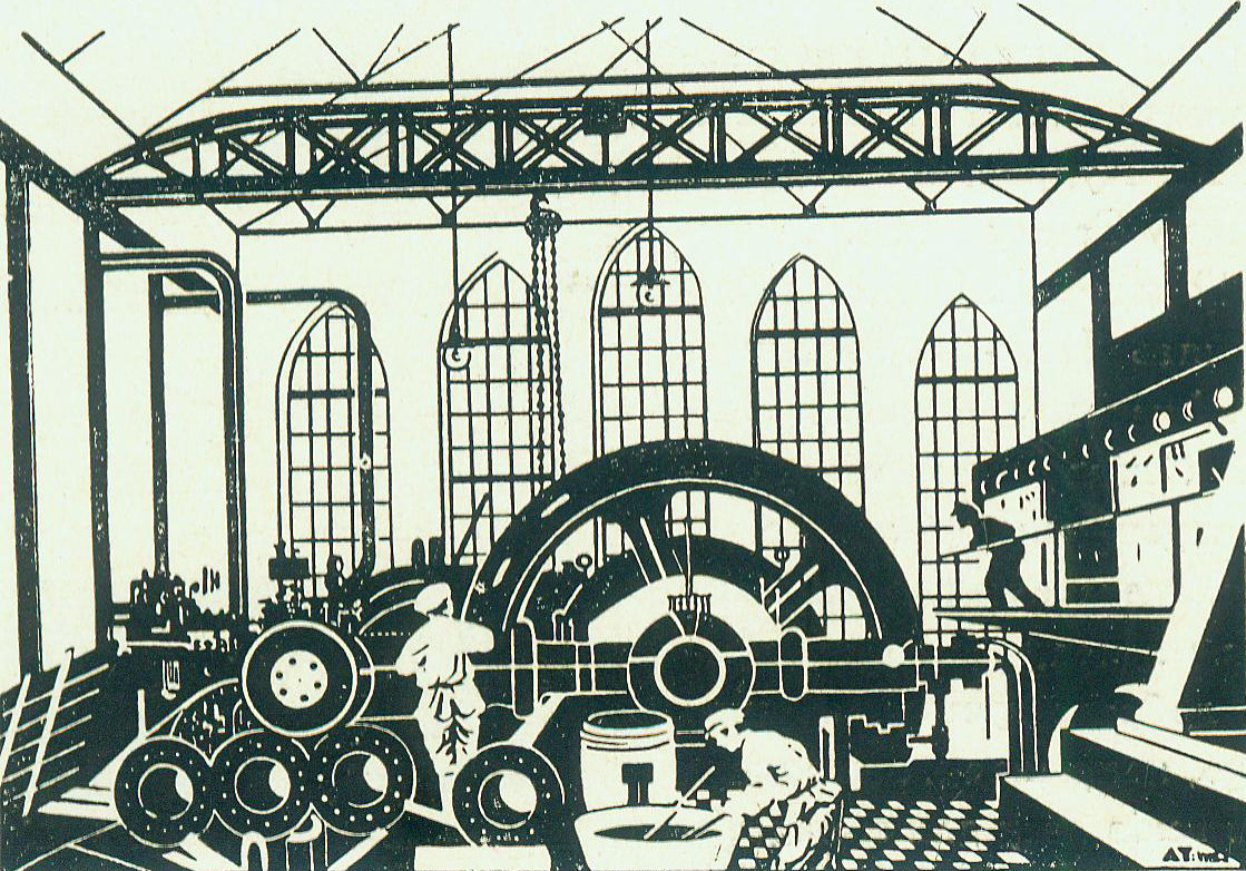 На электрастанцыі (1925). Крыніца ілюстрацыі: Анатоль Мікалаевіч Тычына / аўтар тэксту П. Герасімовіч. – Мінск, 1961. – С. 10.