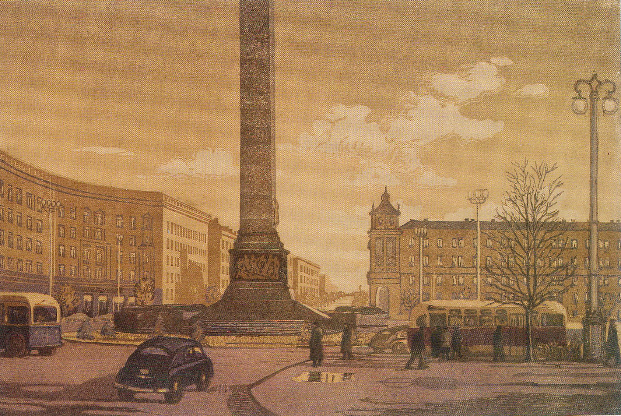 Плошча Перамогі (1956). Крыніца ілюстрацыі: Мой Мінск [Выяўленчы матэрыял] : альбом / Анатоль Мікалаевіч Тычына ; [тэкст, укладанне: Л. Дз. Налівайка ; навуковы рэдактар: Н. М. Усава]. – Мінск, 2008. – С. 39.