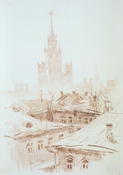 М. Данциг "Московский переулок" (1950-е). Источник иллюстрации: Май Данциг. Живопись, графика [Изоматериал] = Mai Dantsig. Painting, graphics : [альбом / автор вступительной статьи Н. Селицкая ; фото: Е. Колчев, Д. Козлов, А. Спринчан]. – Минск, 2016. – С. 200.