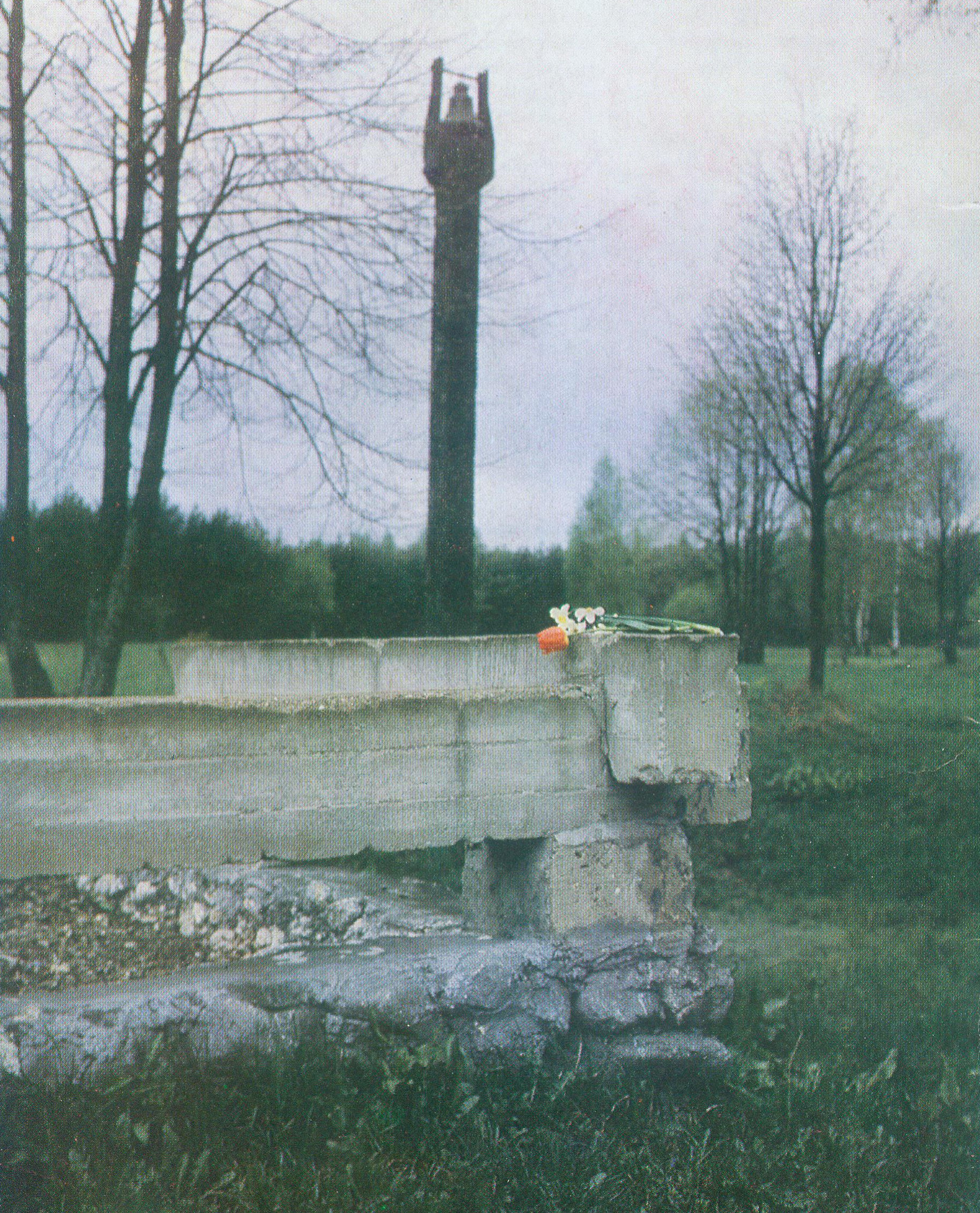 Фрагмент мемарыяльнага комплеку "Шунеўка" (1979). Крыніца ілюстрацыі: Шунеўка = Шуневка : мемарыяльны комплекс : [фотаальбом / фота В. А. Сліжа ; тэкст О. А. Ягоравай, К. К. Плігаўкі]. – Мінск, 1985. – 2-я с. вокладкі.