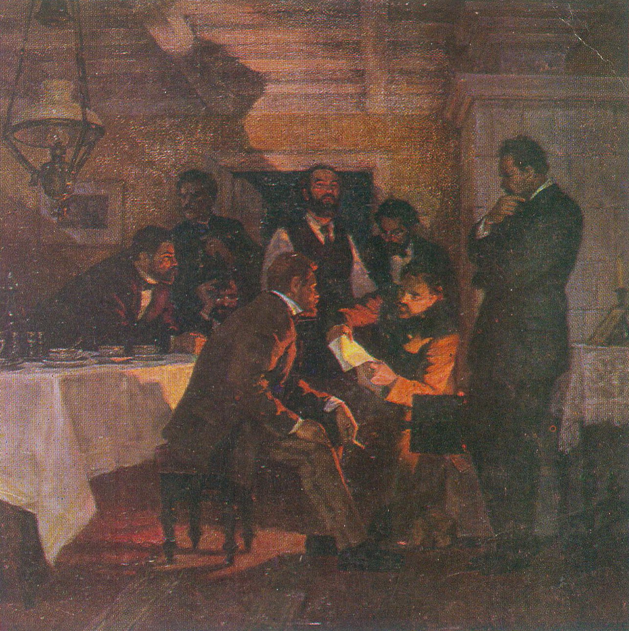 І з'езд РСДРП. Фрагмент (1965). Крыніца ілюстрацыі: Монас Ісакавіч Манасзон : [альбом] / Саюз мастакоў БССР ; [аўт. тэкста Я. І. Садоўскі]. – Мінск, 1978. – С. 1 вокладкі.