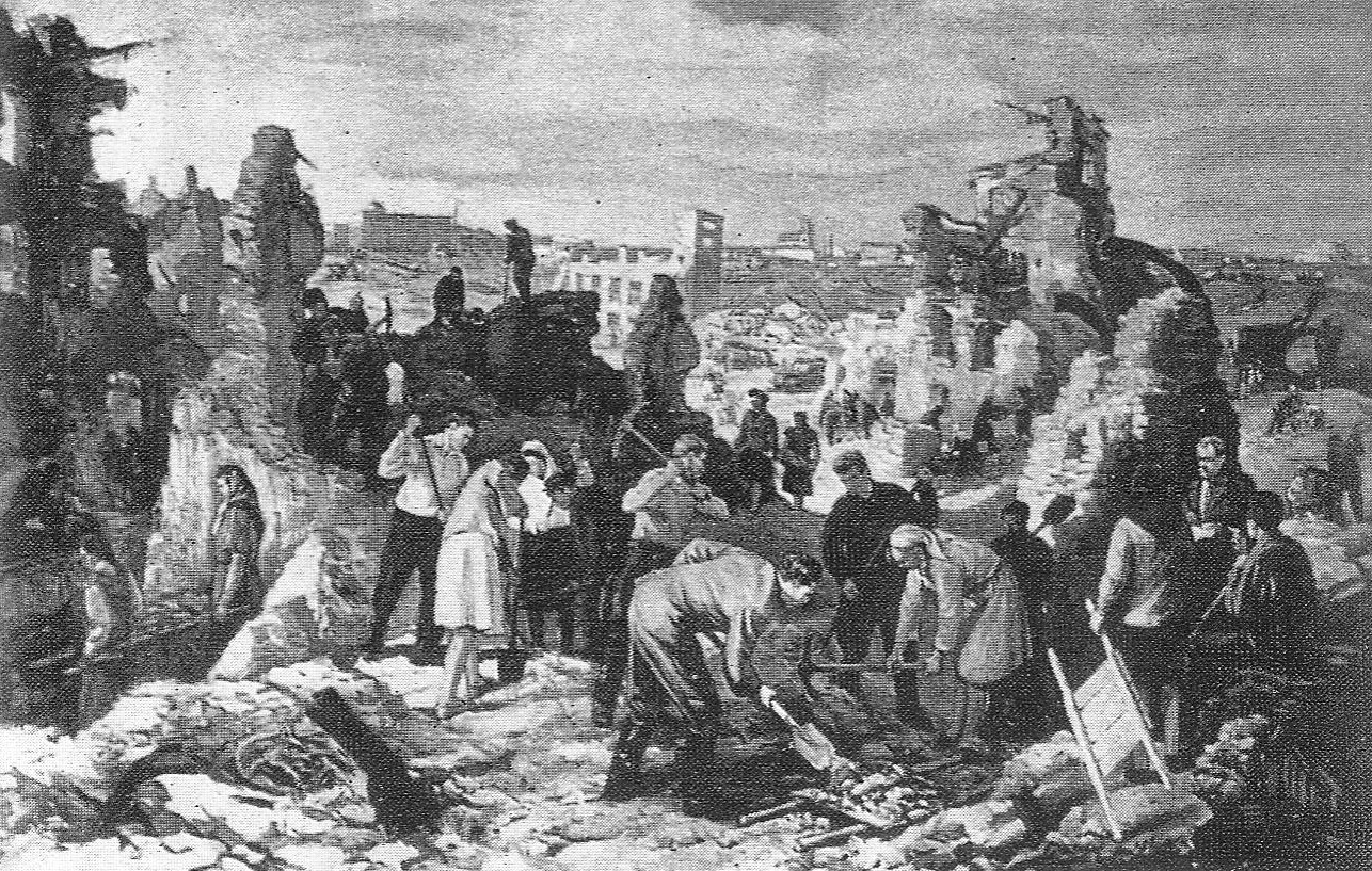 Аднаўленне разбуранага Мінска (1946). Крыніца ілюстрацыі: Монас Ісакавіч Манасзон : [альбом] / Саюз мастакоў БССР ; [аўт. тэкста Я. І. Садоўскі]. – Мінск, 1978. – С. [19].