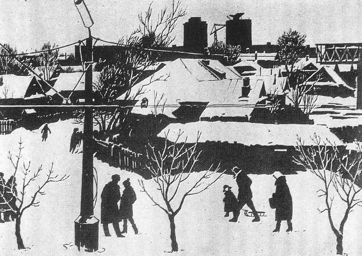 Ля Камароўскага базара (1967). Крыніца ілюстрацыі: Монас Ісакавіч Манасзон : [альбом] / Саюз мастакоў БССР ; [аўт. тэкста Я. І. Садоўскі]. – Мінск, 1978. – С. [32].