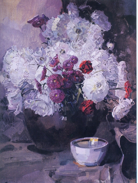 Букет хризантем и чашка (1990). Источник иллюстрации: Художник Исаак Боровский (1921–1991) : альбом / Витебский краеведческий фонд имени А. Сапунова. – Витебск, 1997. – 79 с.