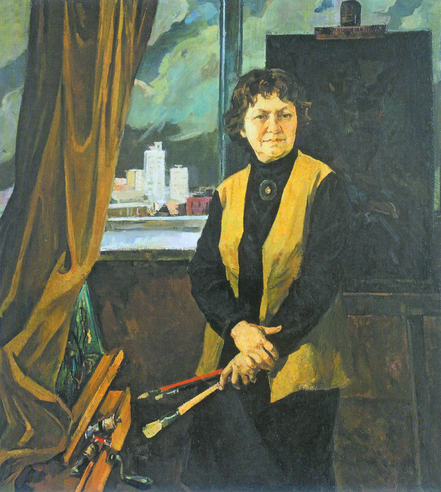 У майстэрні. Аўтапартрэт (1979). Крыніца ілюстрацыі: Раіса Кудрэвіч [Выяўленчы матэрыял] = Раиса Кудревич = Raisa Kudrevich : [альбом / аўтар тэксту і складальнік: В. І. Вайцахоўская [г. зн. В. У. Вайцэхоўская] ; пераклад на англійскую мову: А. В. Валасач]. – Мінск, 2017. – С. 41.